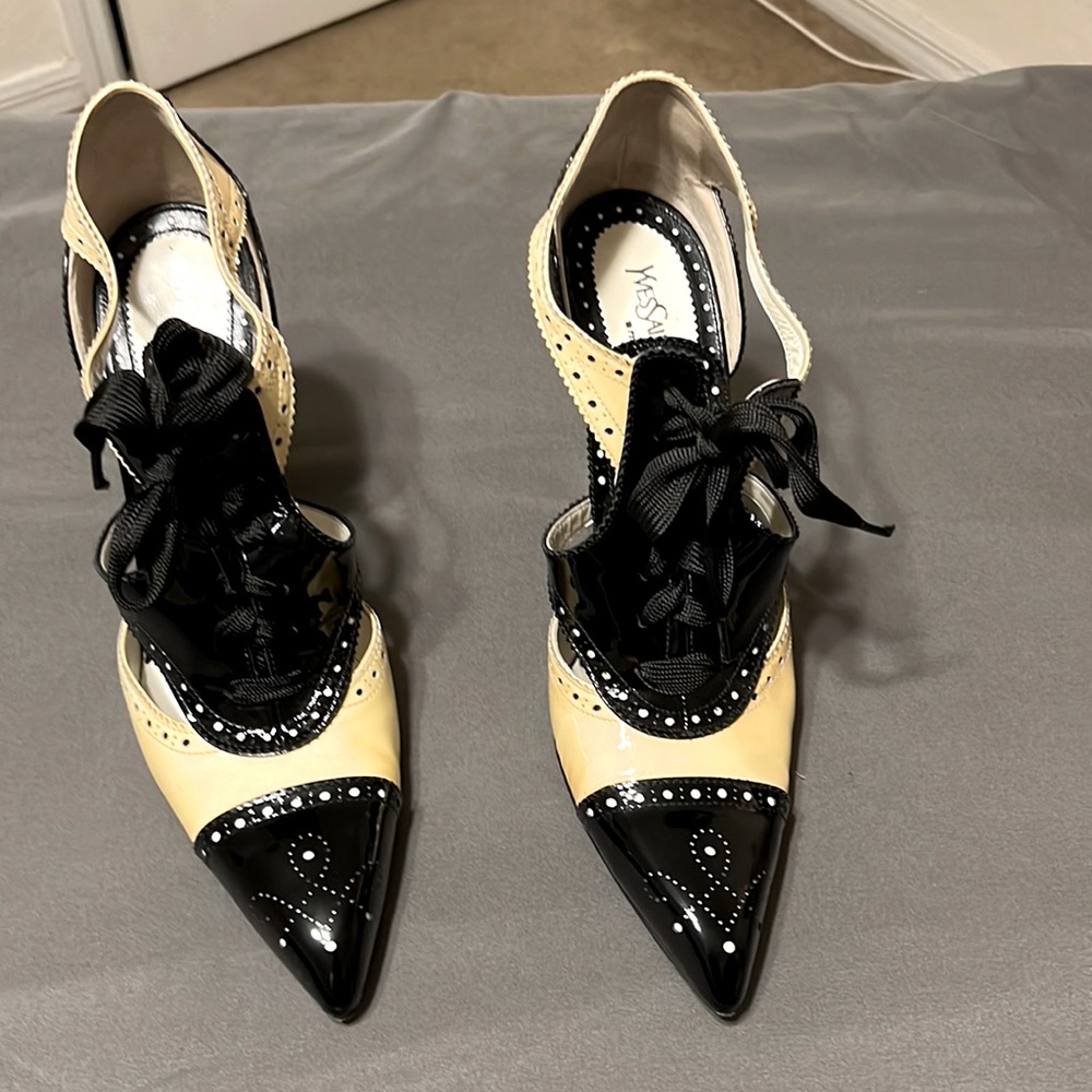 YvesSaintLaurent heels; cream/yellow and black